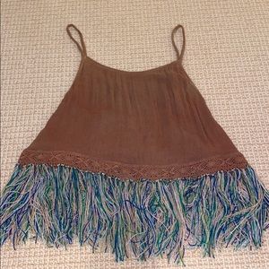 Beige top with multicolored fringe bottom